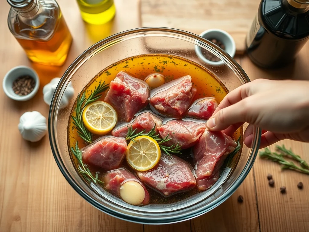 Ręka miesza kawałki surowego mięsa w szklanej misce z ziołową marynatą, czosnkiem, cytryną i rozmarynem na kuchennym blacie